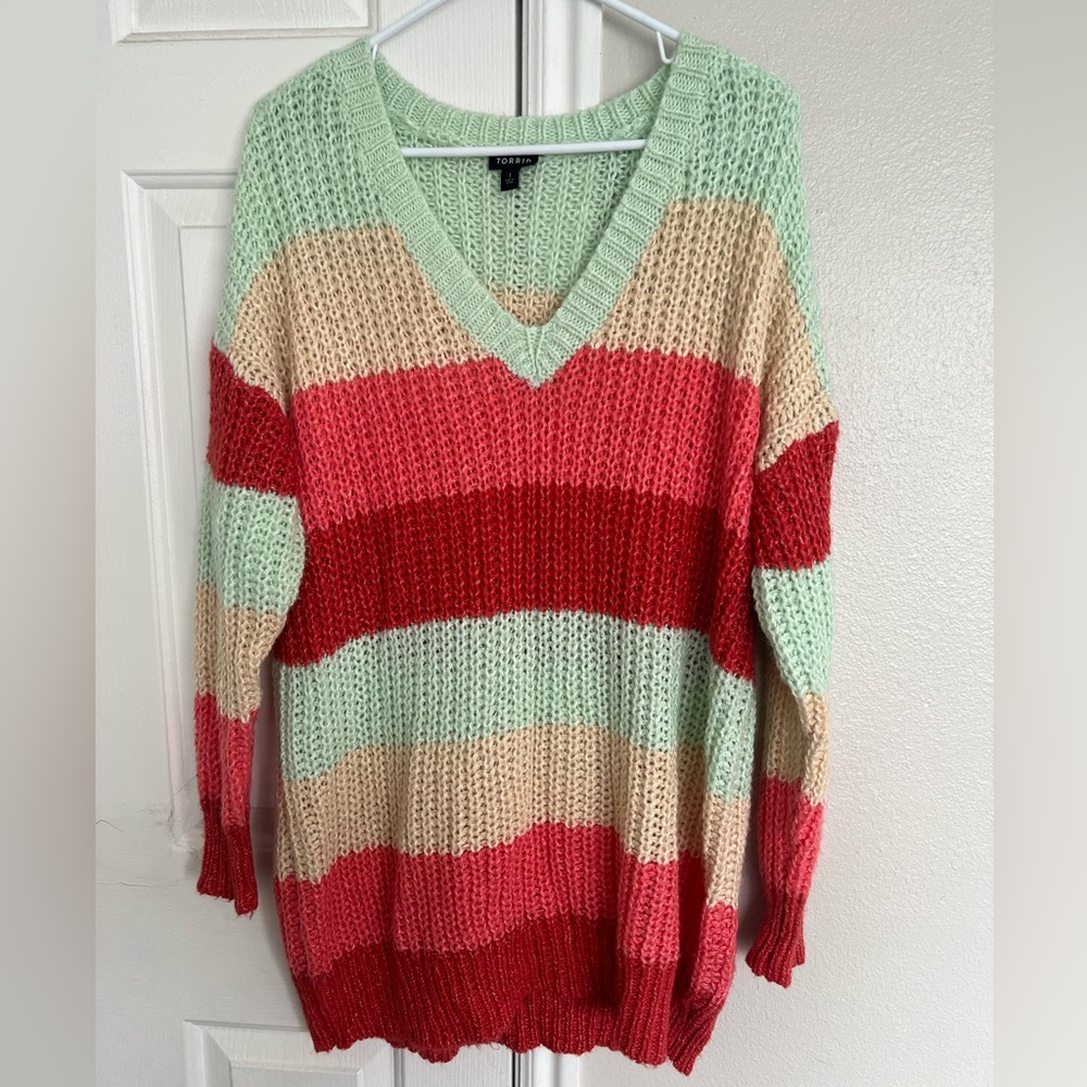 Torrid Oversized Color-block Knit Sweater Multicolor V-Neck Slouchy Fit